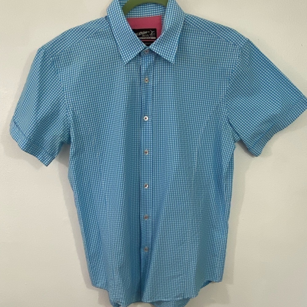Wil Stiles Palm Springs Sz L Button Down Shirt Gingham Blue Golf Vacation Fitted